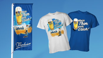 Weitere Thorbraeu Werbmittel - Fahne mit Kampagnemotiv und T-Shirt in Weiß und Blau