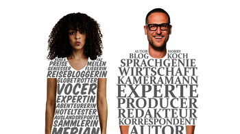 torial: Mann und Frau mit Oberteilen aus journalistischen Begriffen