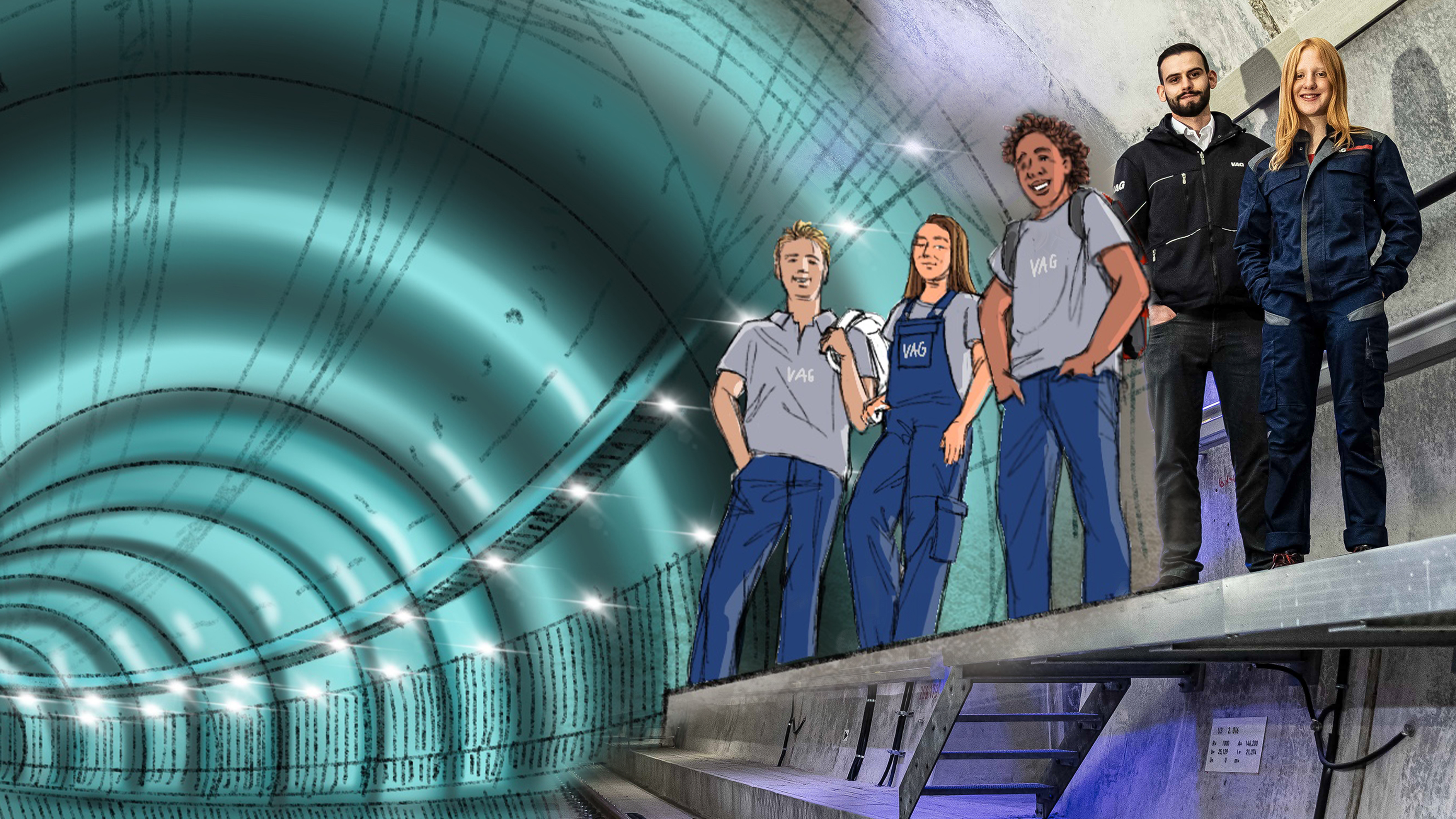 Scribble - VAG Azubis stehen U-Bahntunnel - Blick aus Froschperspektive
